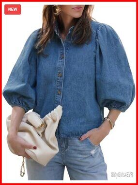 Denim Button Down Shirt Puff Sleeve V-Neck Womens Top Summer